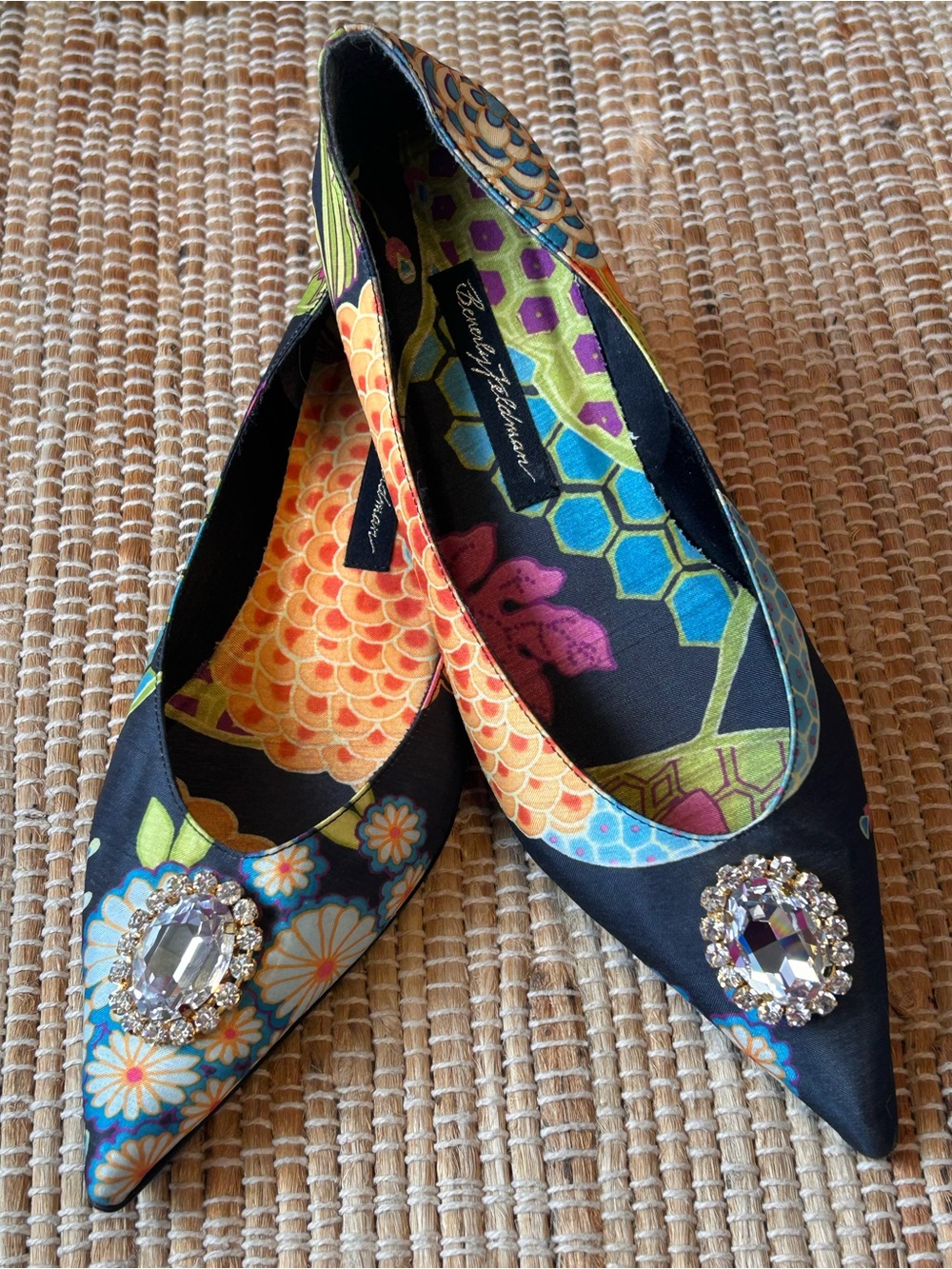 BEVERLY FELDMAN s7 Silk Floral Pointed Flats with Rhinestone Accents-likely VTG